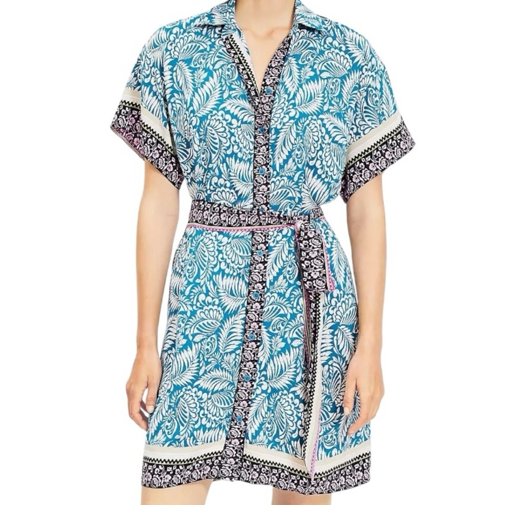 Nwt Loft Teal Tropical Print Short Sleeve Shirt Dress